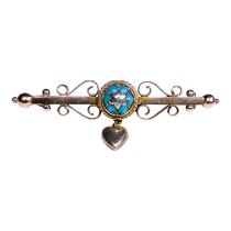 A 9ct gold turquoise and diamond set bar brooch - with a heart shaped drop, weight 4.6g.