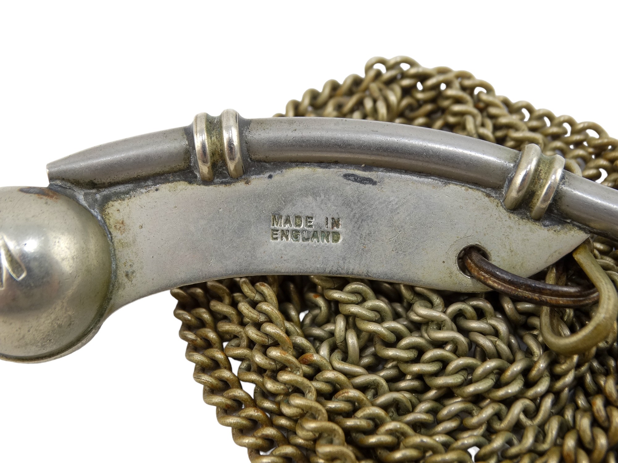 An early 20th century bosun's whistle - nickel plated with crow's foot mark on a long chain - Image 5 of 10