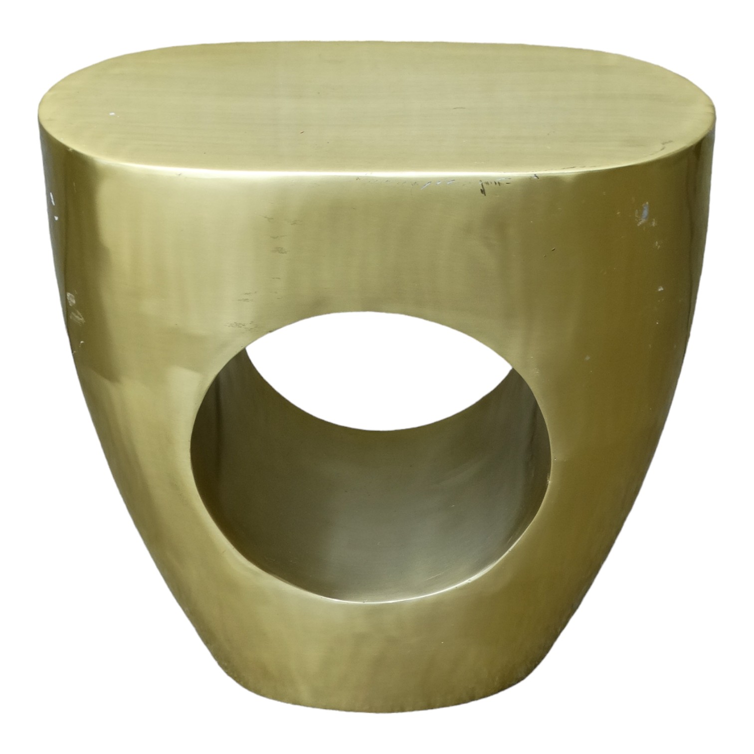 A contemporary brass low table - the top of oval form with the tapering base incorporating a hole, - Image 2 of 3