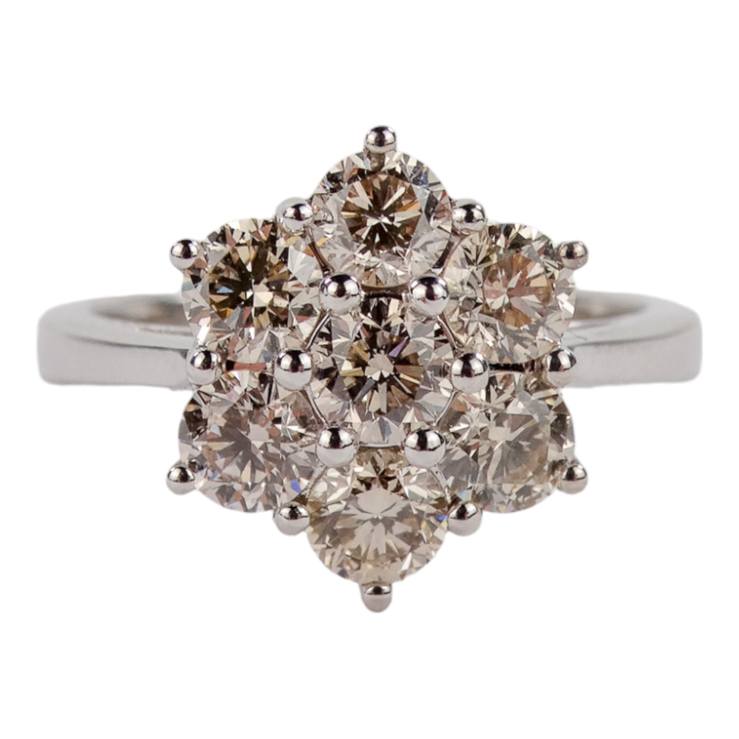 An 18ct white gold seven stone daisy style diamond ring - diamond weight 2.16ct, size O, with - Image 5 of 6