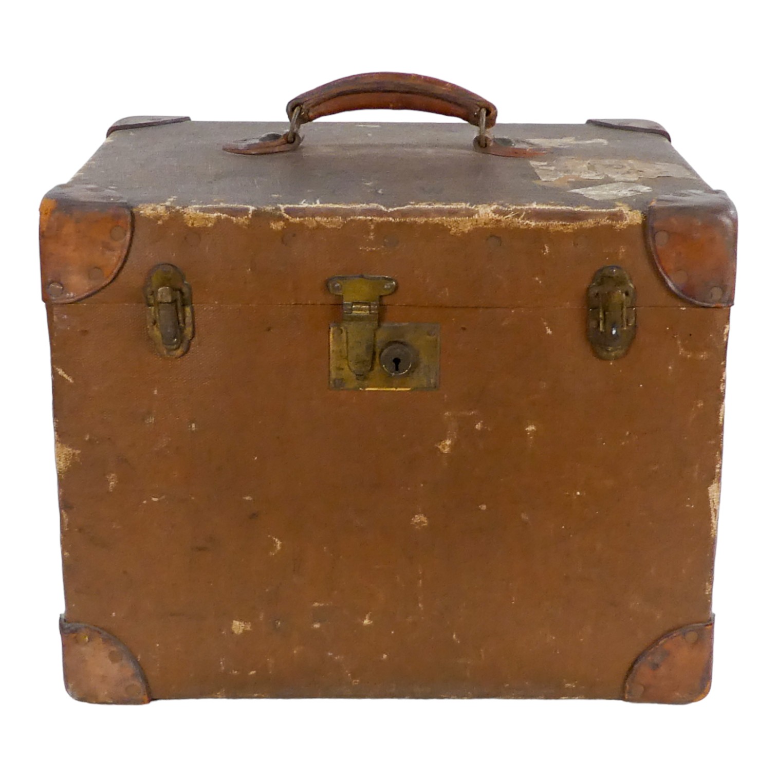 A vintage ladies travelling trunk - brown canvas with leather corners and handle, the cloth interior