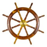 A 20th century hardwood ships wheel - with brass hub and eight turned spokes, diameter 91cm.