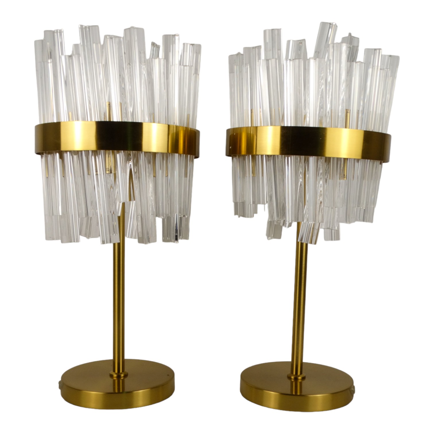 A pair of contemporary brass table lamps - the shade in the form of profiled clear acrylic shards,