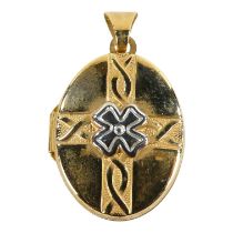 A 9ct locket - with white metal four leaf clover decoration, engraved to reverse 'A best friend is