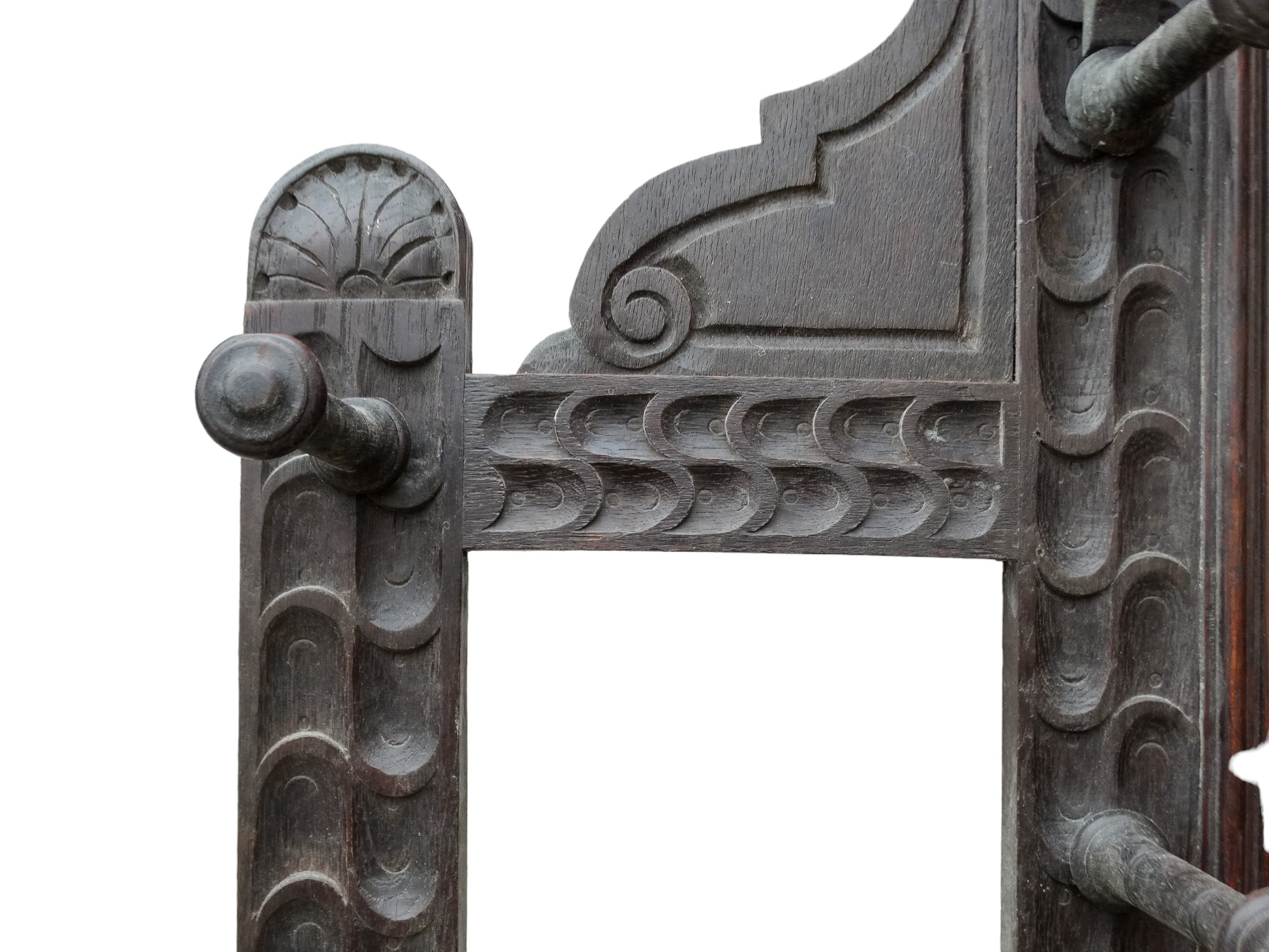 An Edwardian oak hall stand - carved with green-man head above a rectangular mirror and - Image 5 of 5