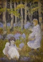 19th/20th Century British School Two Girls Picking Bluebells Oil on panel Framed and glazed