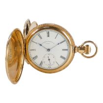 A gilt hunter pocket watch - the engine turned case with armorial, the white enamel dial set out