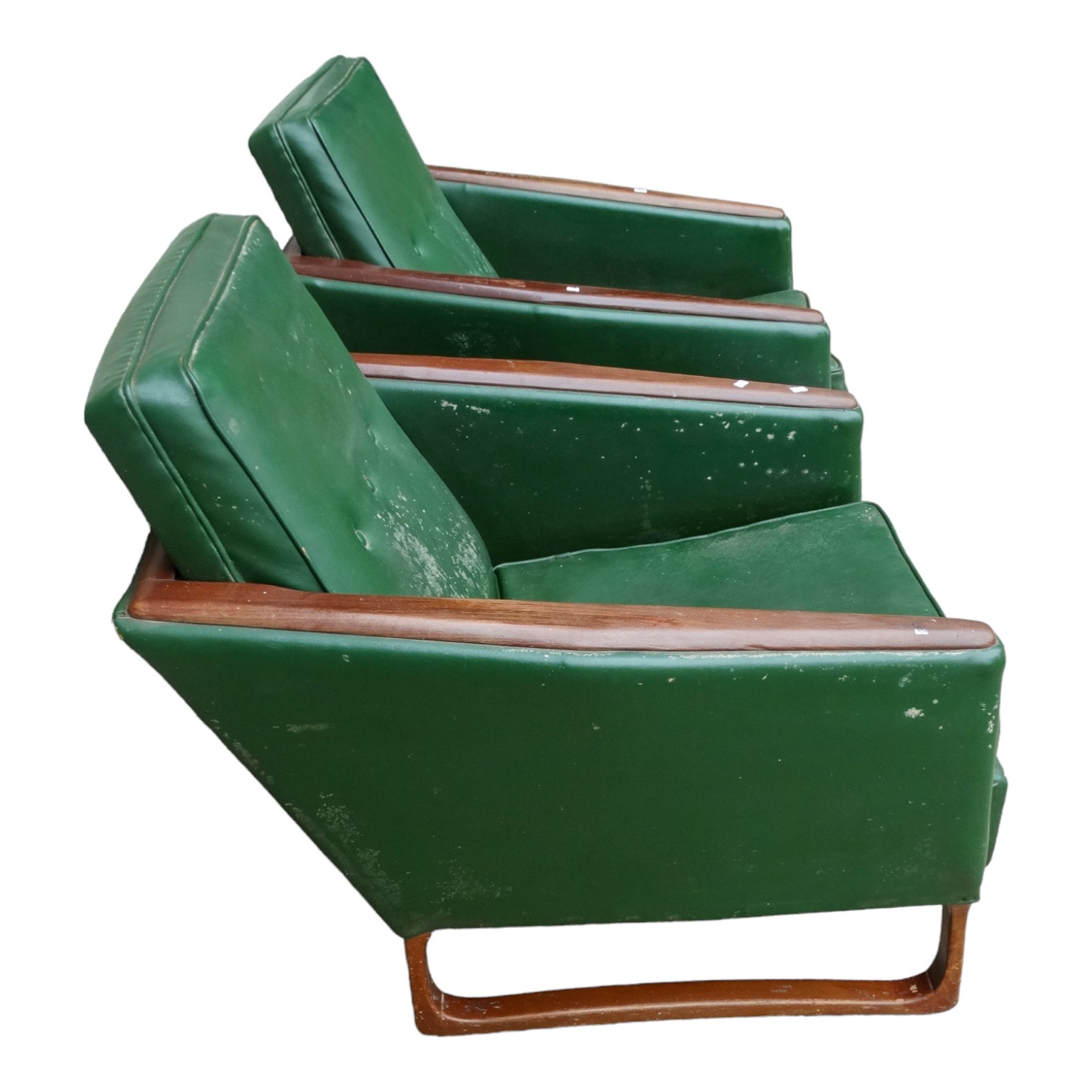 A pair of vintage easy chairs - circa 1960's, green rexine button upholstered with teak show-wood - Image 4 of 5