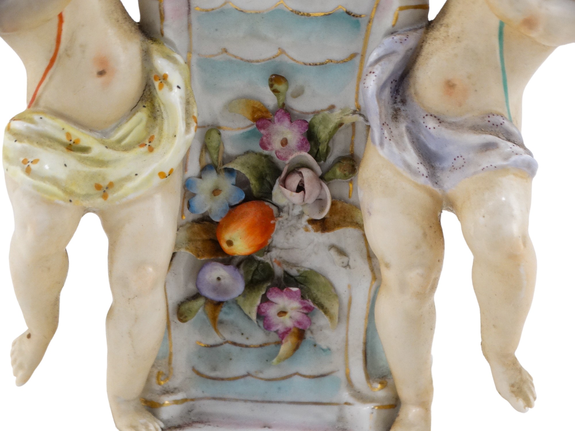 An early 20th century German porcelain mantel clock - modelled with three cherubs about a central - Image 5 of 16