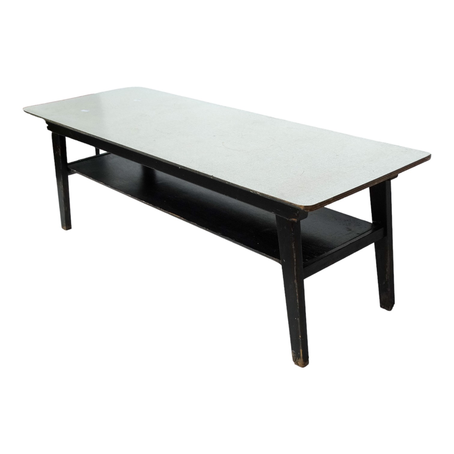 A vintage Formica coffee table - the grey top above a black painted frame and undertier, 102 x 38 - Image 4 of 6