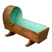 A 19th century pine Scottish cradle - with a hoop canopy and raised on rockers, with green painted