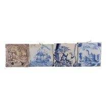 An 18th century Delft tile - showing a classical villa, 13 x 13cm, together with two further blue