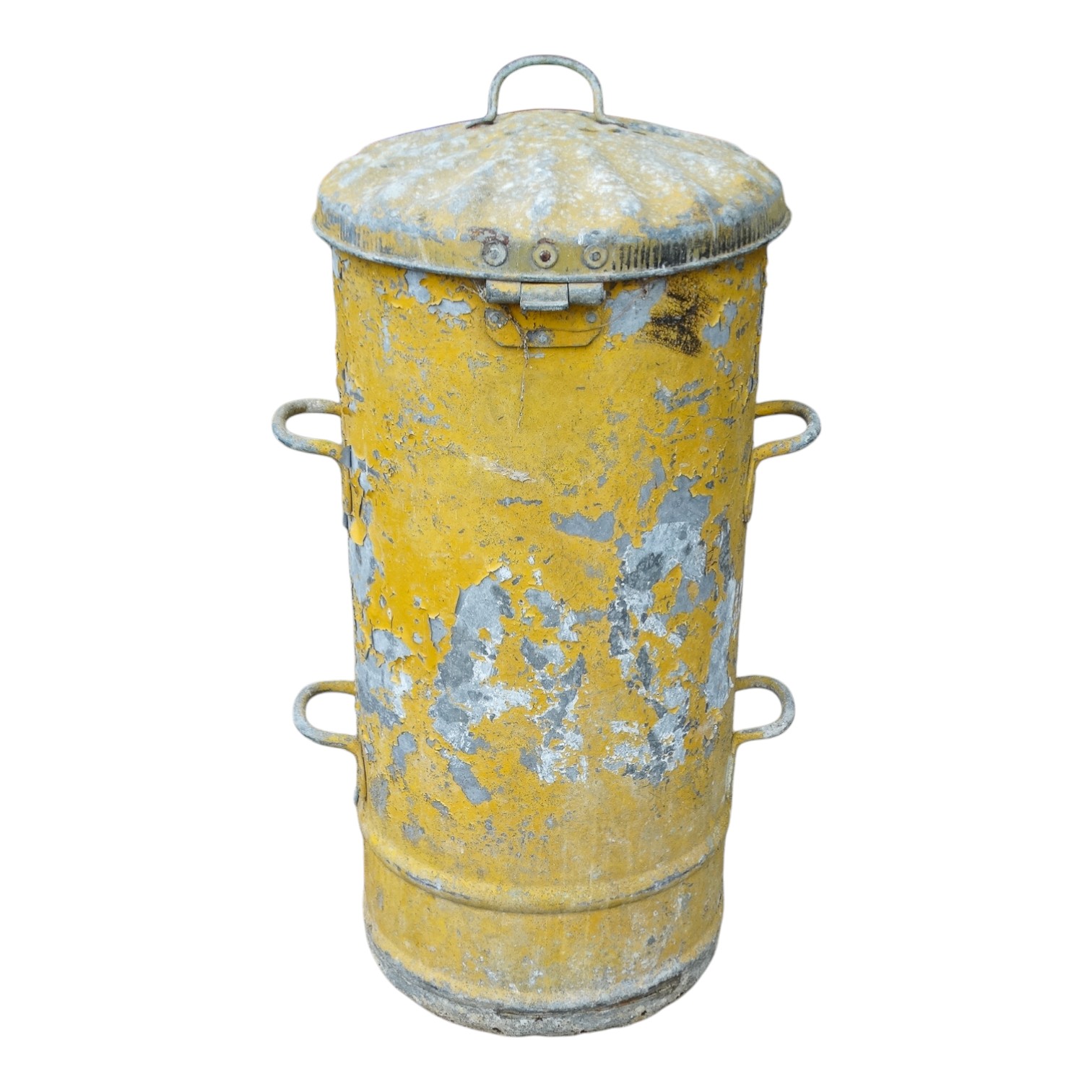 An early 20th century galvanised feed bin - with four handles and hinged cover, in a distressed