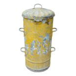 An early 20th century galvanised feed bin - with four handles and hinged cover, in a distressed