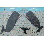 Steve CAMPS (Cornish contemporary b.1957) Three Whales Bearing Down Upon A Schooner Acrylic on board