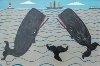 Steve CAMPS (Cornish contemporary b.1957) Three Whales Bearing Down Upon A Schooner Acrylic on board