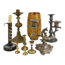 A 19th century foliate twin branch candlestick - together with other candlesticks, eight boxed