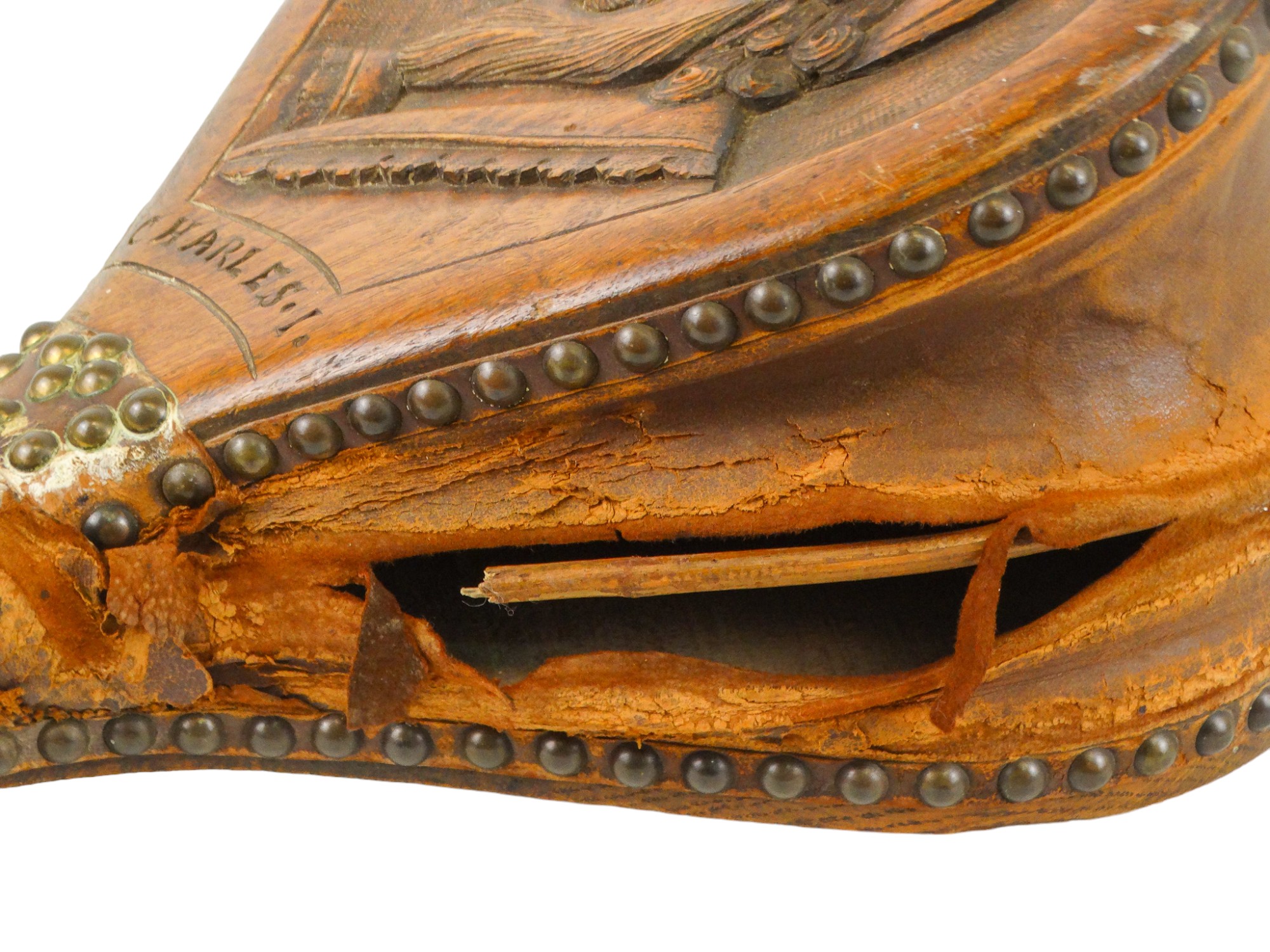 A pair of early 20th century wooden bellows - carved with a profile portrait of Charles I and with a - Image 4 of 5