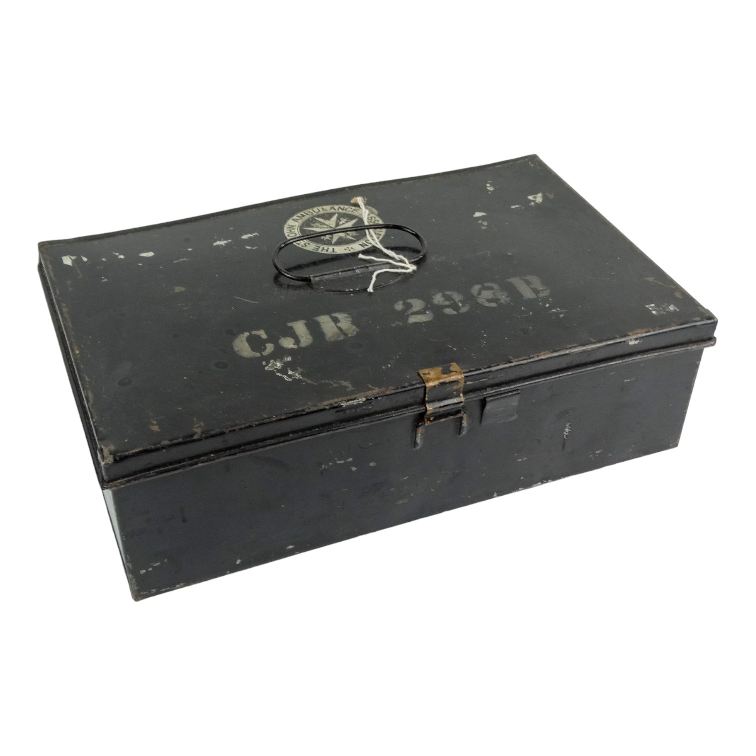 A St John Ambulance First Aid box - the black steel trunk with contents, including splints and