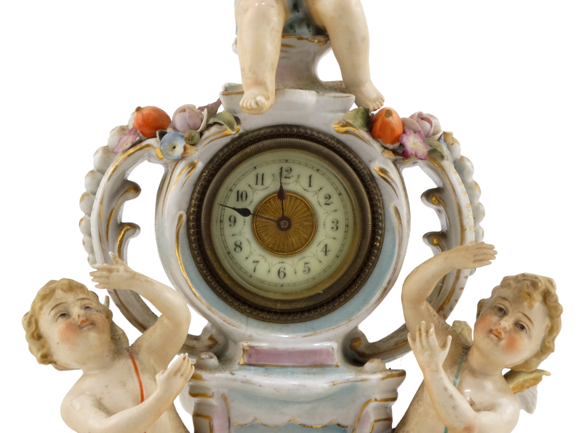 An early 20th century German porcelain mantel clock - modelled with three cherubs about a central - Image 3 of 16