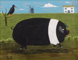 Steve CAMPS (Cornish contemporary b.1957) Hampshire Hog with Chough and Engine House Acrylic on