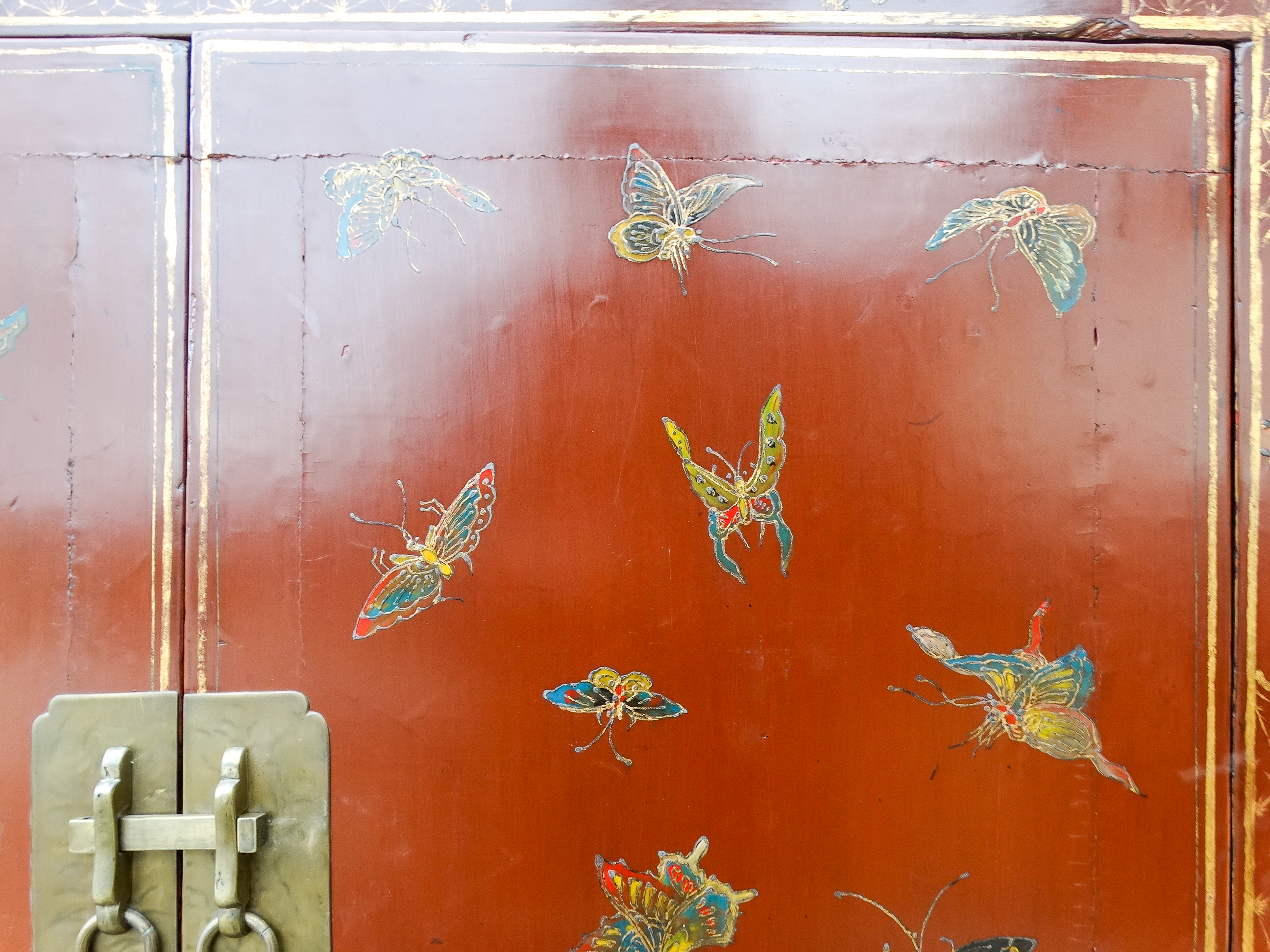 A 19th century Chinese lacquered cabinet - decorated with butterflies and cherry blossom, the pair - Image 3 of 7