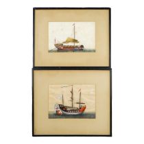 A pair of 19th century Chinese rice paper pictures - depicting two native vessels, 17 x 23cm and