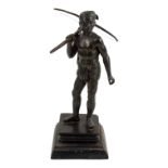 McTha Din 20th century Burmese Pegu bronze figure - standing holding a crossbow, signed to base,