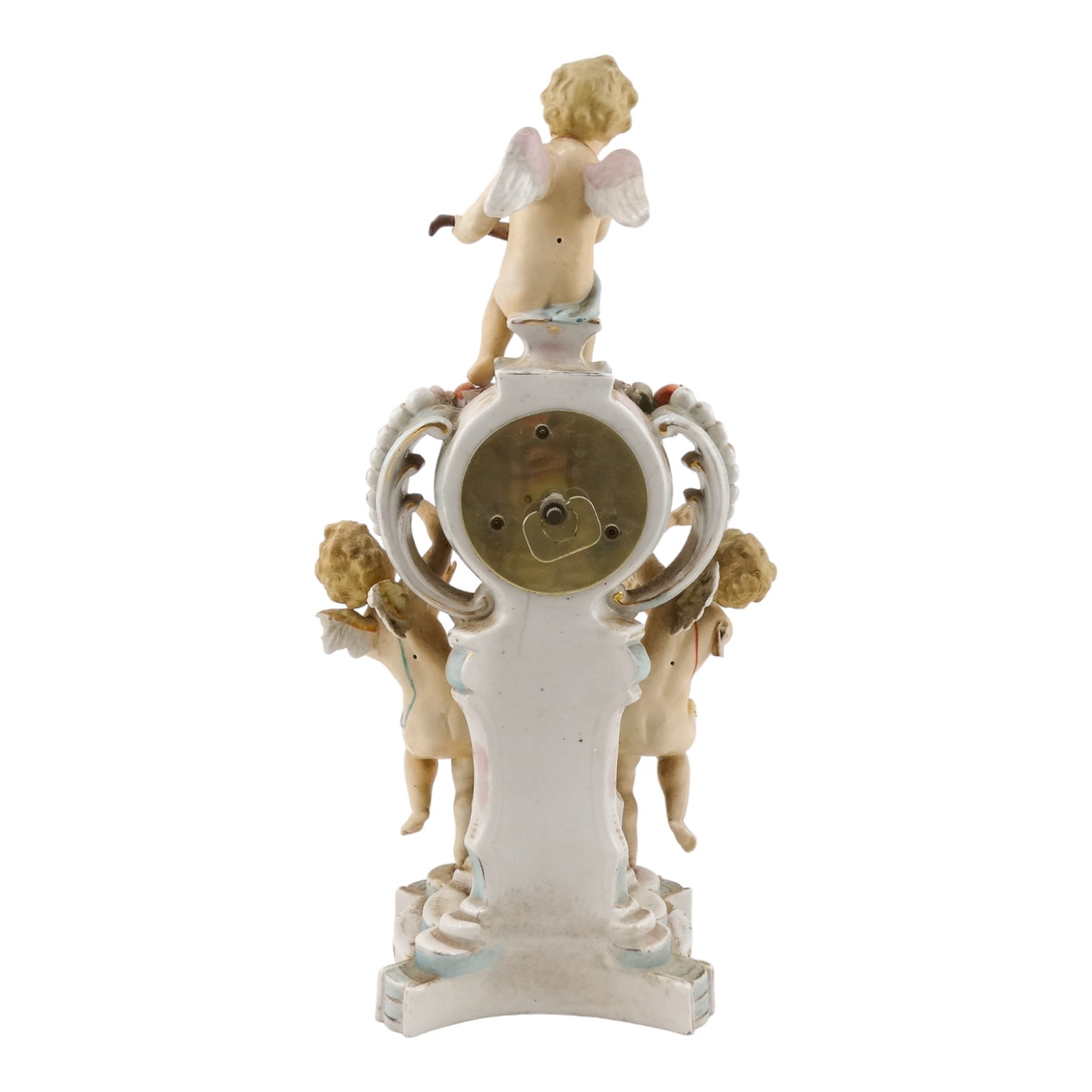 An early 20th century German porcelain mantel clock - modelled with three cherubs about a central - Image 7 of 16