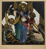 # Rosa SCHAFER (Austrian 1901-1987) Angel Musicians Linocut in colour Signed lower right, initials