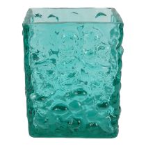 A vintage green glass vase - rectangular with dimpled design, partial label verso, height 12cm.