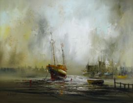 John BAMPFIELD (British b. 1947) Misty Harbour Low Tide Oil on canvas Signed lower left Framed