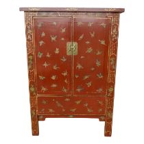 A 19th century Chinese lacquered cabinet - decorated with butterflies and cherry blossom, the pair