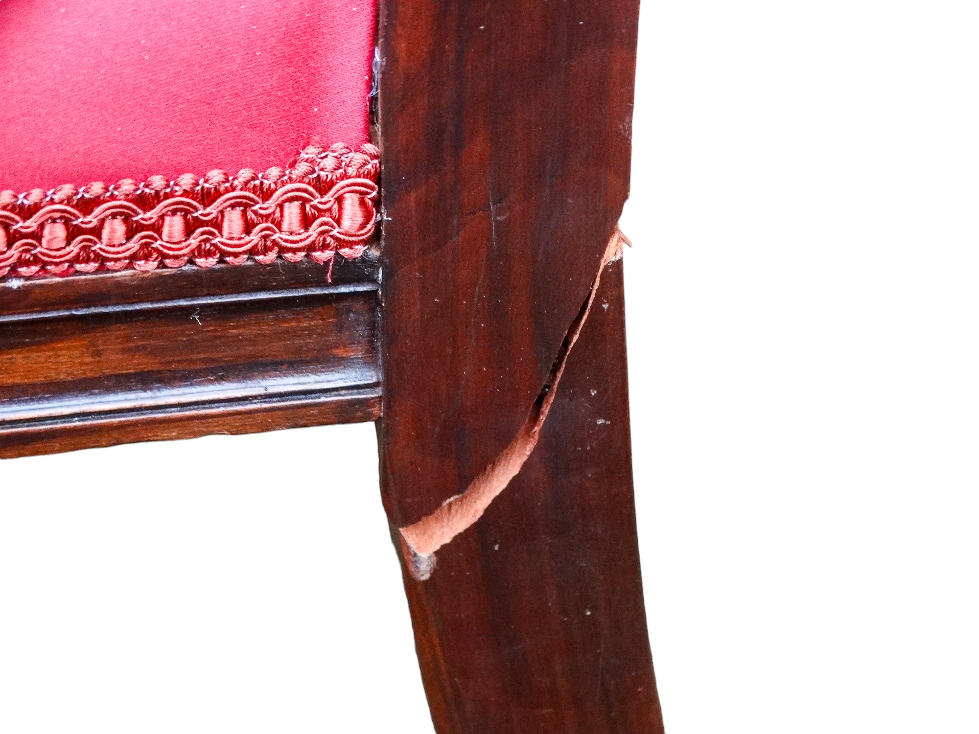 A pair of mahogany French Empire style chairs - with pad backs and open arms, on turned reeded legs. - Image 5 of 5