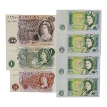 Six UK bank notes - including a ten shilling note, a ten pound note and five one pound notes,