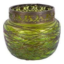 A Loetz glass rose bowl - circular, of typical green iridescent form with a circular brass frame