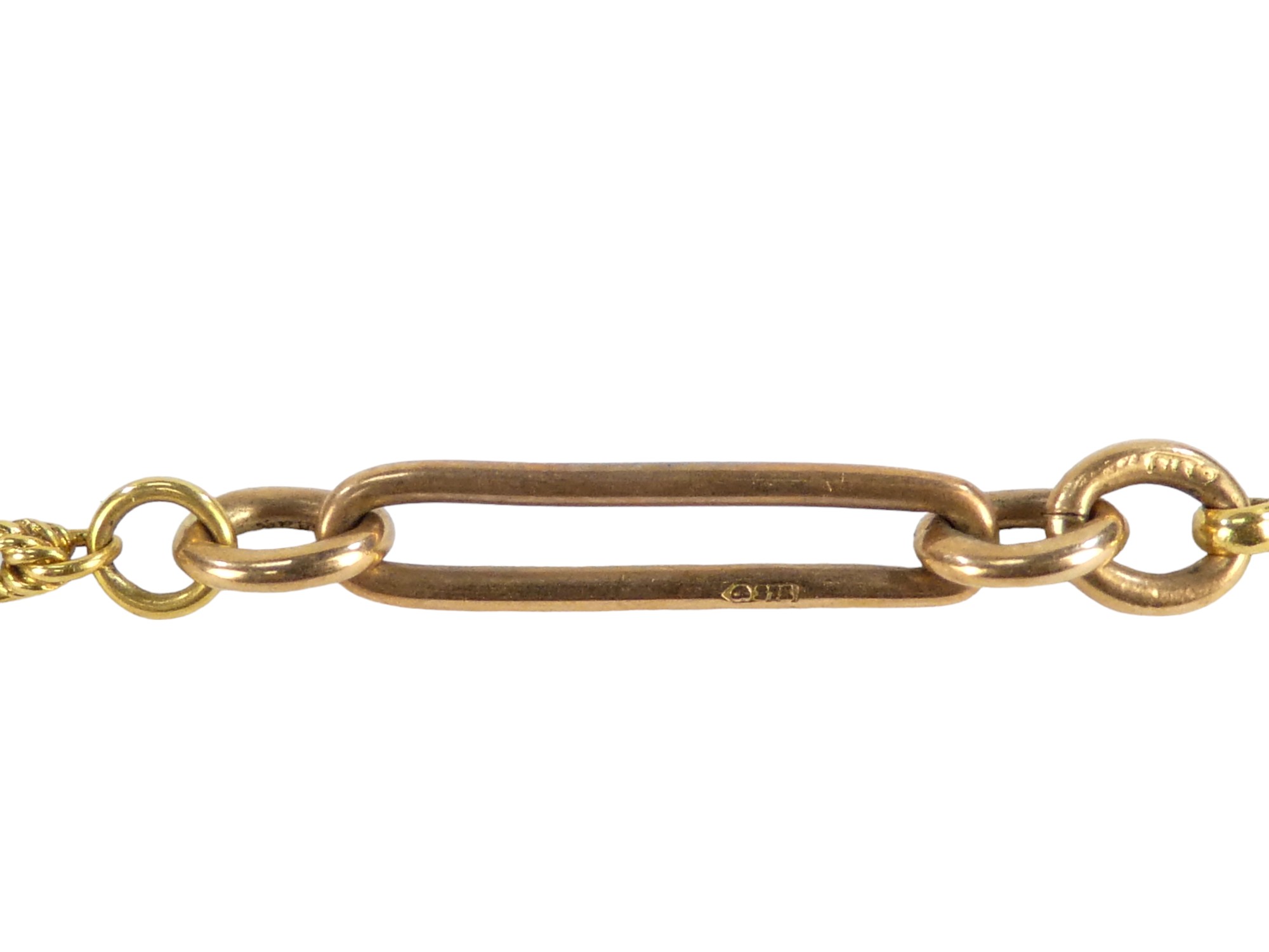 A 9ct gold swizzle stick - engine turned, on a gilt metal chain with 18ct gold clasps, weight 18g. - Image 5 of 5