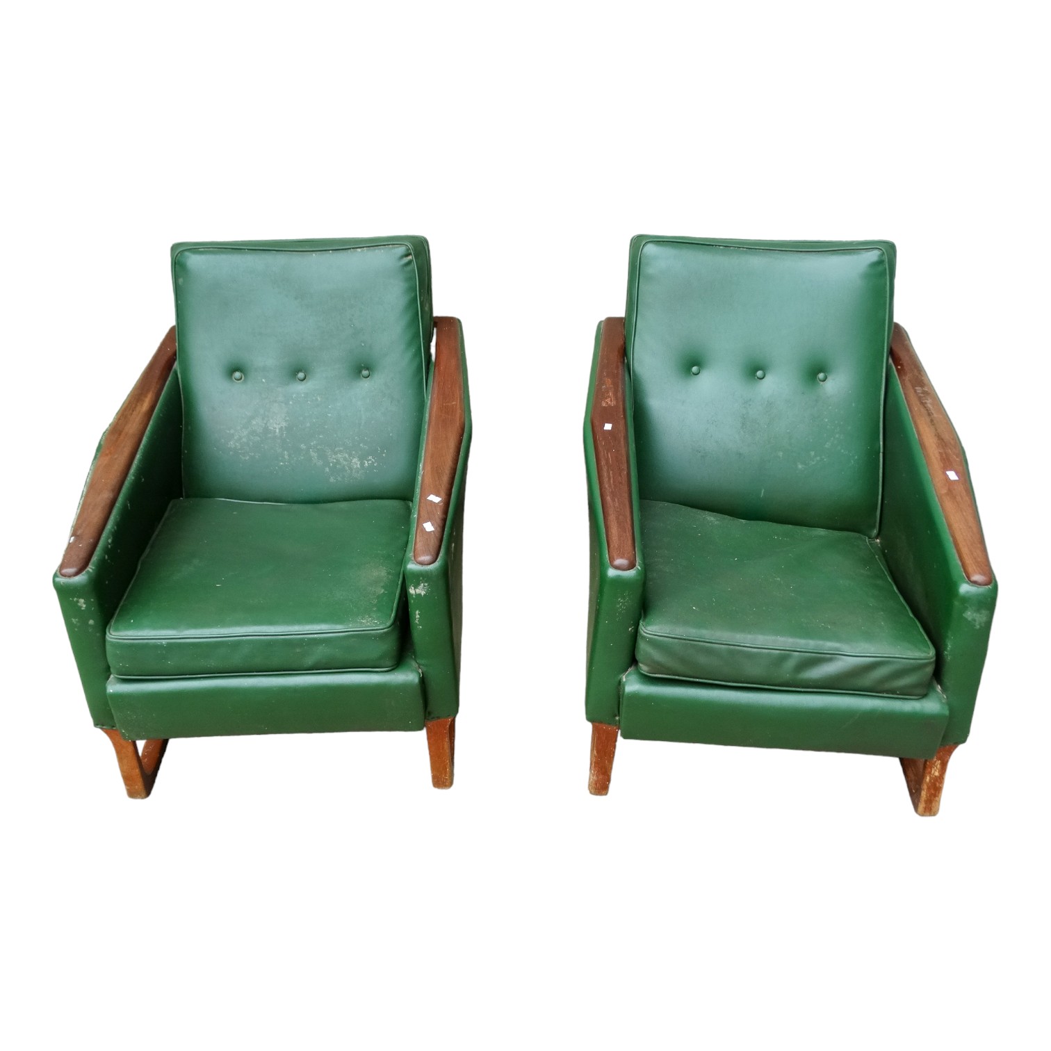 A pair of vintage easy chairs - circa 1960's, green rexine button upholstered with teak show-wood - Image 2 of 5