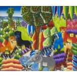 MICHELET (20th Century), Jungle Wildlife in the manner of Paul Gauguin, Acrylic on board, Signed