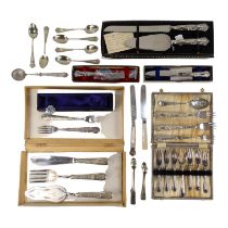 Four silver handle forks - together with further silver handle flatware and some plated items.