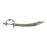 A middle eastern white metal miniature scimitar - with strike mark to blade, length 13.5cm, weight