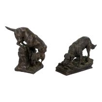 George TINEY (British 20th Century) - hunting dog with hare, cold cast bronze, signed to base,