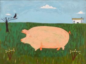 Steve CAMPS (Cornish contemporary b.1957) Pink Pig with Chough and Cottage Acrylic on board Signed