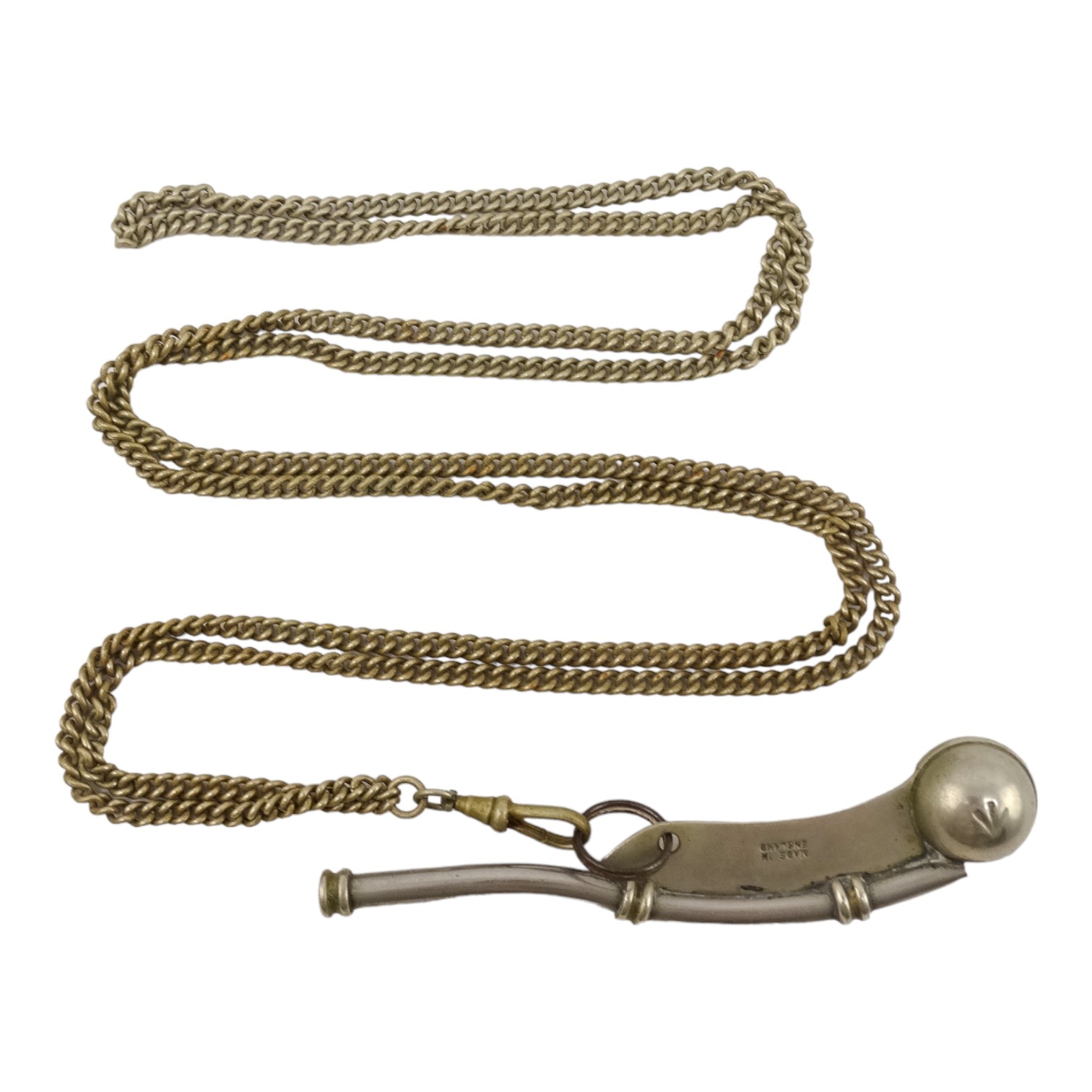 An early 20th century bosun's whistle - nickel plated with crow's foot mark on a long chain - Image 10 of 10