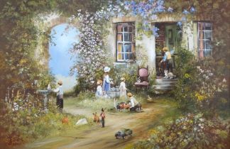 Les PARSONS (British b. 1945) Children Playing in a Cottage Garden Oil on canvas Signed lower left