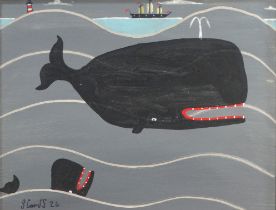 Steve CAMPS (Cornish contemporary b.1957) Two Whales In A Stormy Sea Acrylic on board Signed and