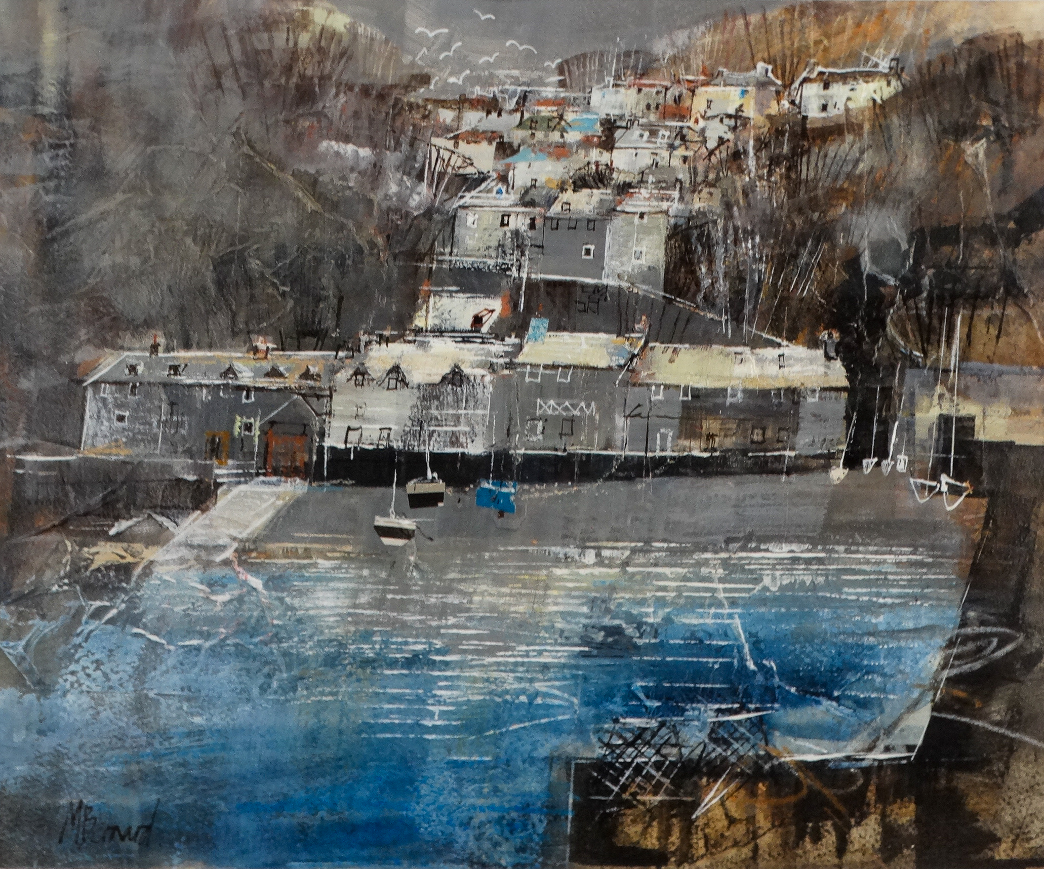 Mike BERNARD (British b. 1957) Clovelly - North Devon Mixed media on paper Signed lower left,