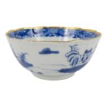 A late 19th century Chinese bowl - blue and white decorated with landscape scenes and a gilt ogee