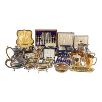 A quantity of plated ware - including a four piece tea service, a bottle coaster and another, two