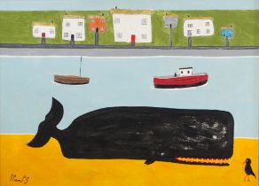 Steve CAMPS (Cornish Contemporary b. 1957) Beached Whale Chatting To A Chough Acrylic on board